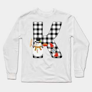 BW Buffalo Checks Pattern Monogram K | Snowman Long Sleeve T-Shirt